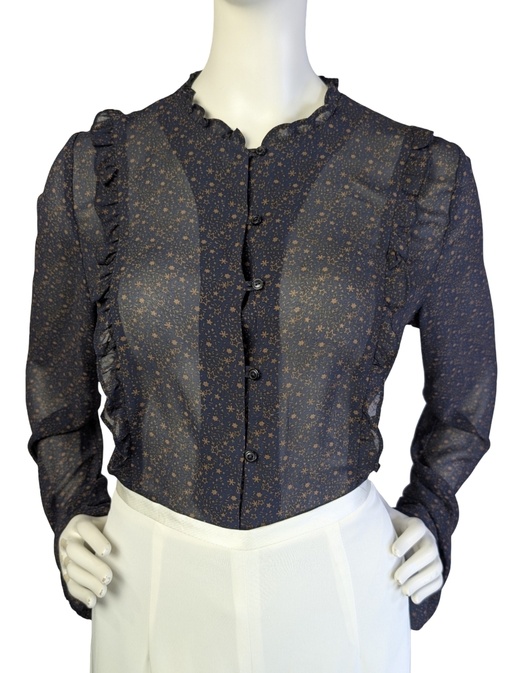 Mélissa Nepton Sheer Star Print Ruffle Blouse Navy | Medium | Made in Canada